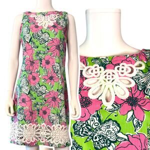 Lilly Pulitzer Mariana Shift Dress  Butterfly Print Sleeveless Lace Trim Size 12
